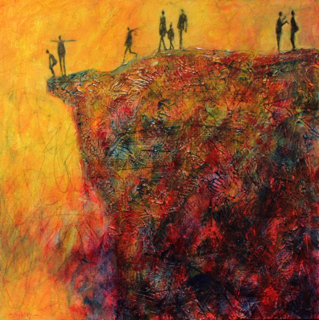 Gail Sibley, "Perchance To Fly, 2014, mixed media on wood panel, 16 x 16 in. Being vulnerable may mean taking a risk.