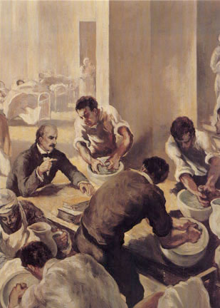 Dr Semmelweis instructing doctors to wash their hands before touching the birthing women. This image of one of 12 mural panels done by the Italian painter Gregorio Calvi di Bergolo commissioned by the International Museum of Surgical Science, Chicago in 1953. The panels done in oil paint, show the development of surgery through the ages and each is about 80 x 44 inches.